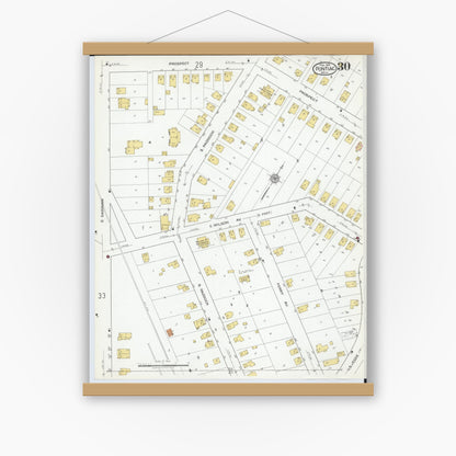 Old map wall art mockup — magnetic wood frame on white wall — Sanborn Fire Insurance Map from Pontiac, Oakland County, Michigan (1919), Sheet #0030