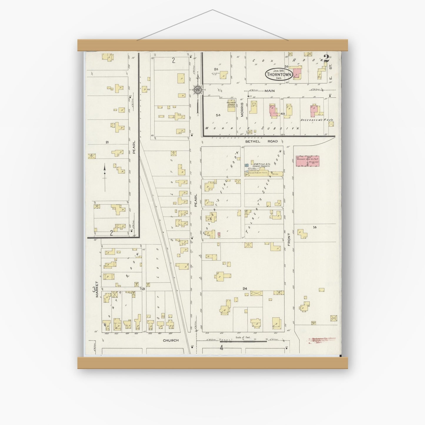 Old map wall art mockup — magnetic wood frame on white wall — Sanborn Fire Insurance Map from Thorntown, Boone County, Indiana (1915), Sheet #0002