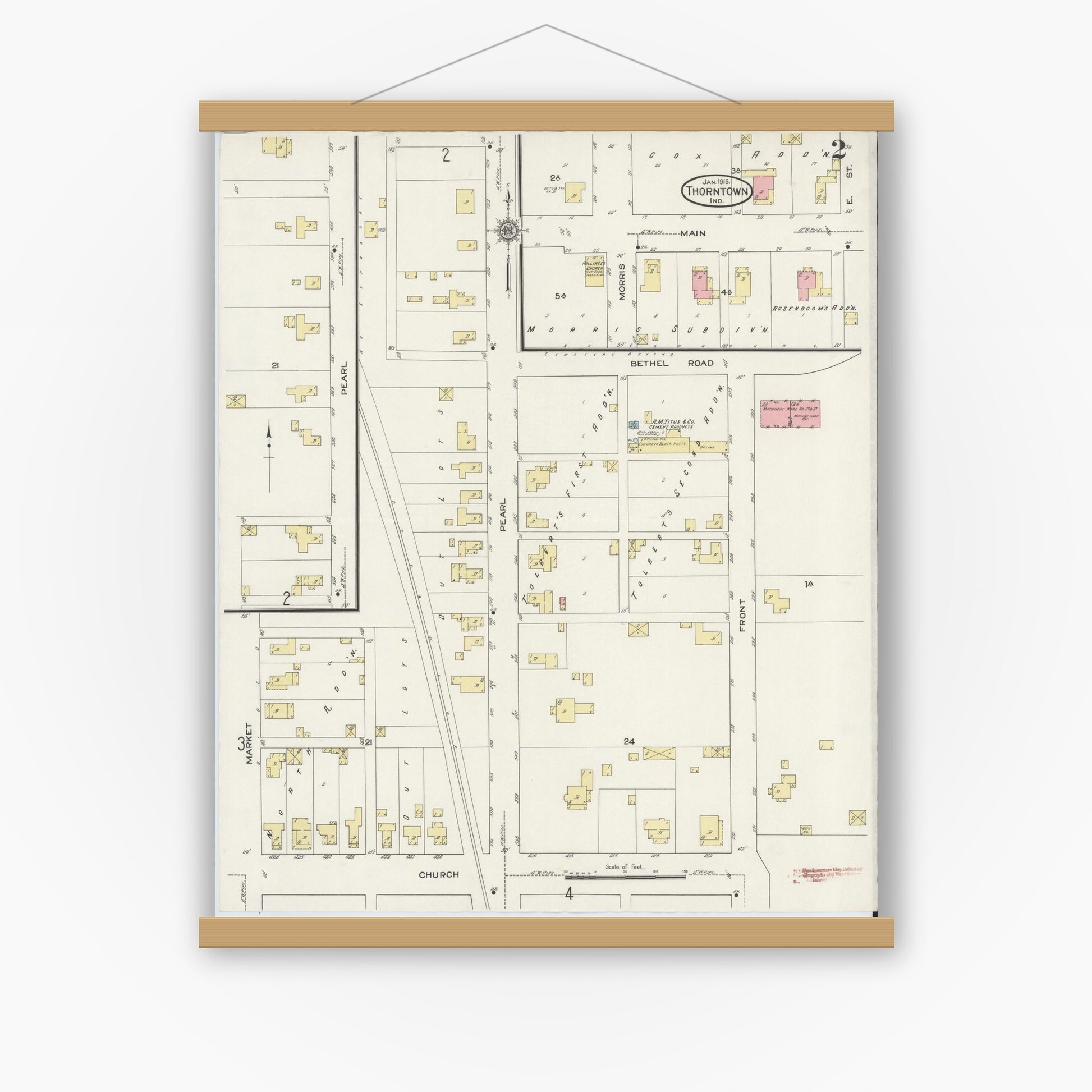Old map wall art mockup — magnetic wood frame on white wall — Sanborn Fire Insurance Map from Thorntown, Boone County, Indiana (1915), Sheet #0002