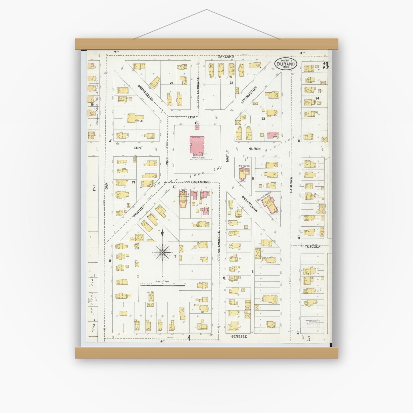 Old map wall art mockup — magnetic wood frame on white wall — Sanborn Fire Insurance Map from Durand, Shiawassee County, Michigan (1901), Sheet #0003