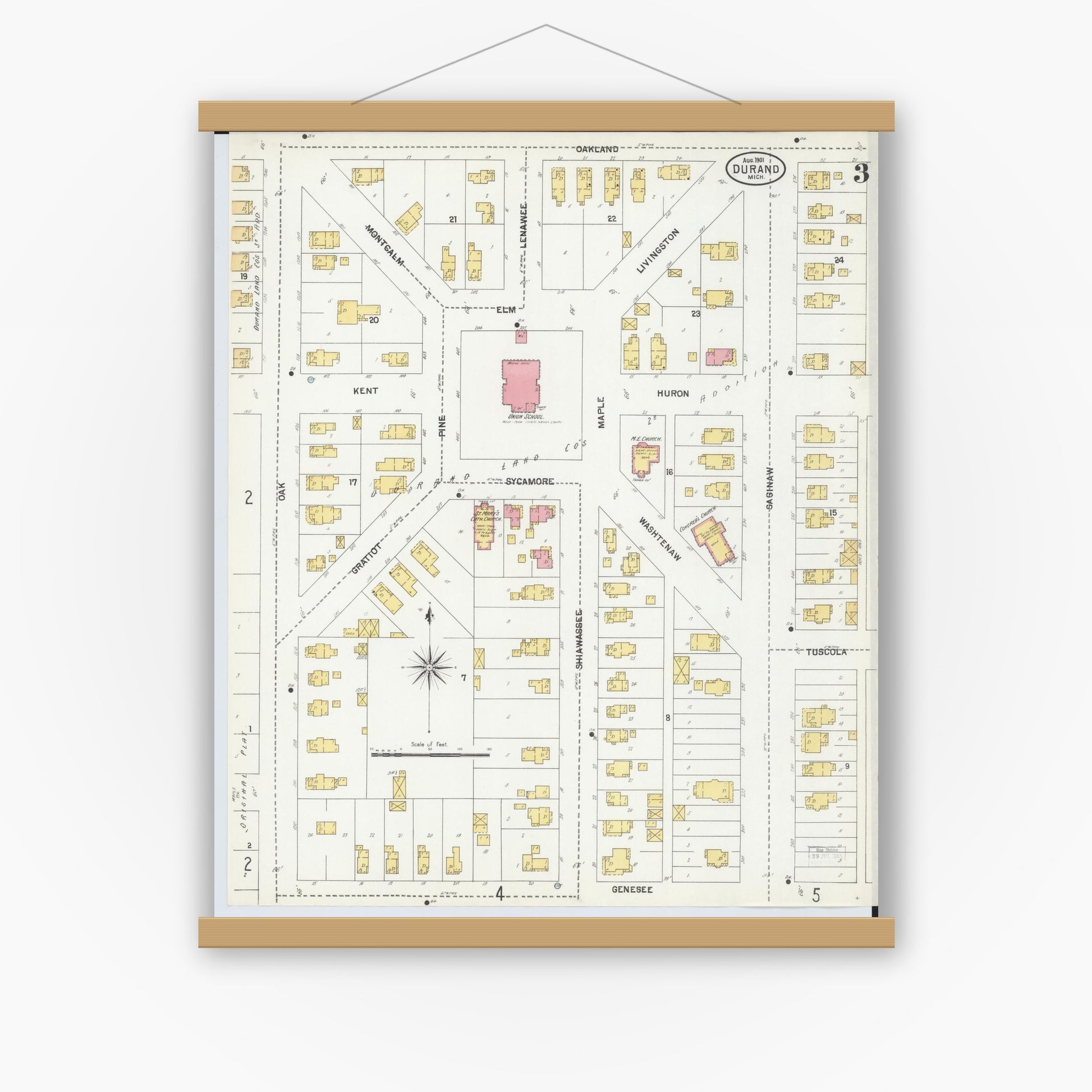 Old map wall art mockup — magnetic wood frame on white wall — Sanborn Fire Insurance Map from Durand, Shiawassee County, Michigan (1901), Sheet #0003