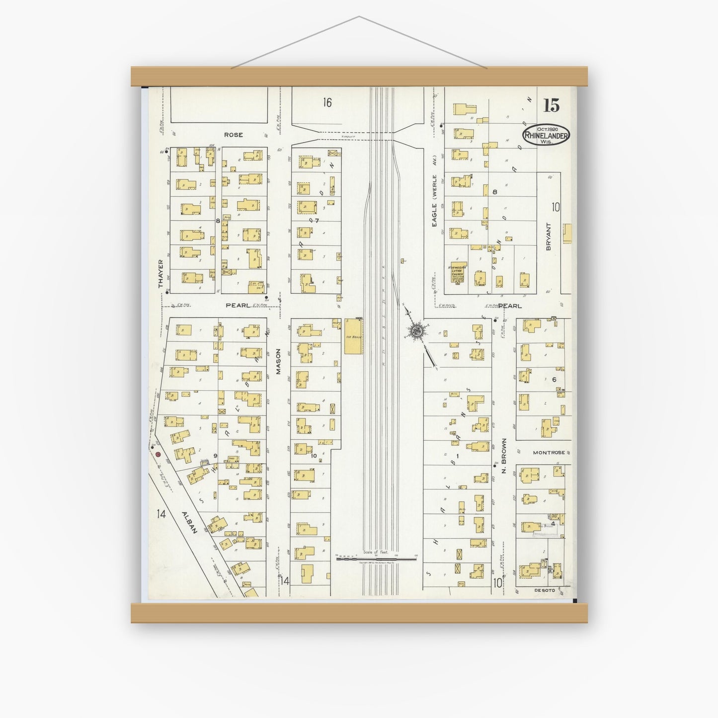 Old map wall art mockup — magnetic wood frame on white wall — Sanborn Fire Insurance Map from Rhinelander, Oneida County, Wisconsin (1920), Sheet #0015