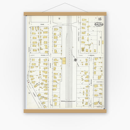 Old map wall art mockup — magnetic wood frame on white wall — Sanborn Fire Insurance Map from Rhinelander, Oneida County, Wisconsin (1920), Sheet #0015