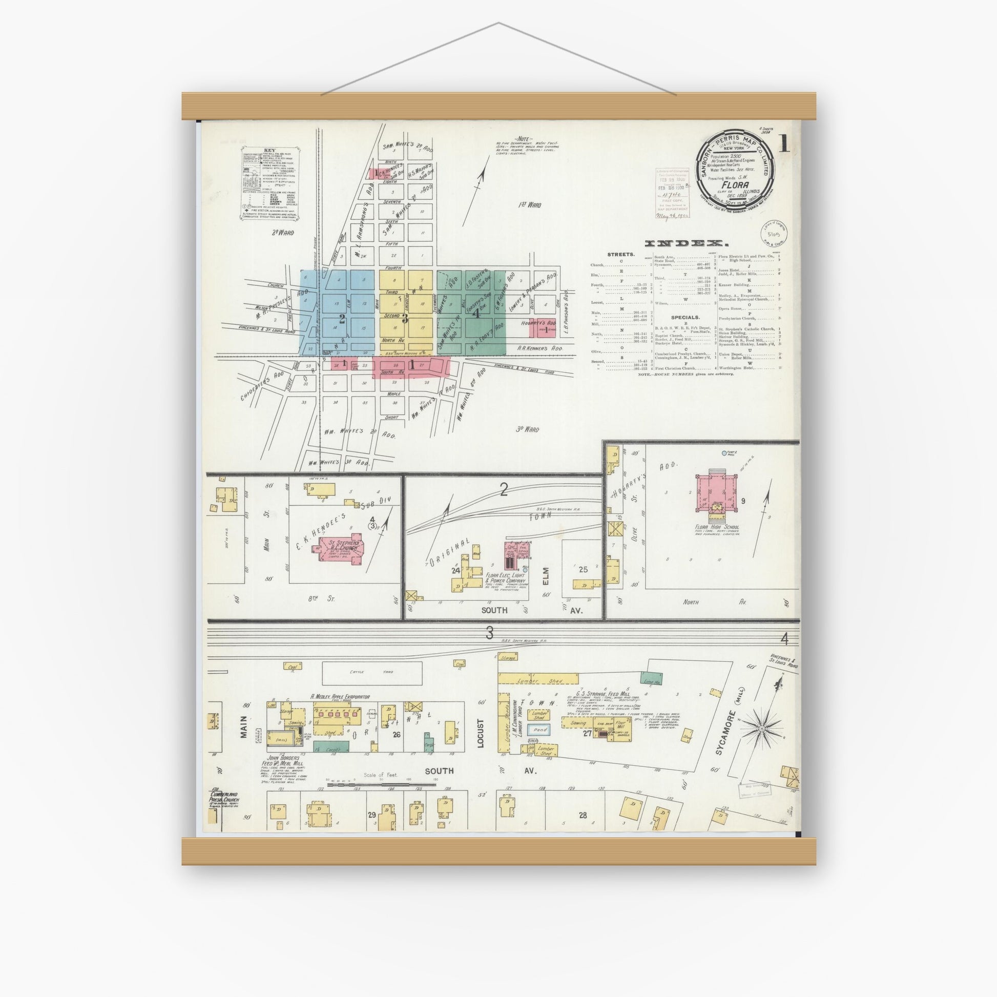 Old map wall art mockup — magnetic wood frame on white wall — Sanborn Fire Insurance Map from Flora, Clay County, Illinois (1899) - Complete Map Set