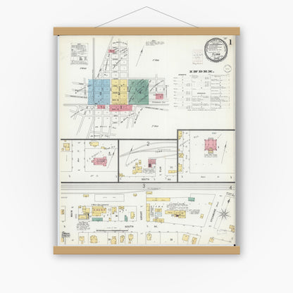 Old map wall art mockup — magnetic wood frame on white wall — Sanborn Fire Insurance Map from Flora, Clay County, Illinois (1899) - Complete Map Set