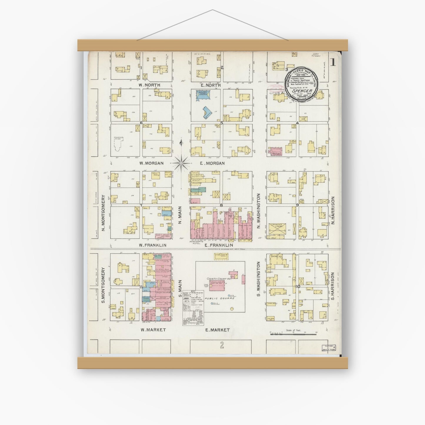 Old map wall art mockup — magnetic wood frame on white wall — Sanborn Fire Insurance Map from Spencer, Owen County, Indiana (1892) - Complete Map Set