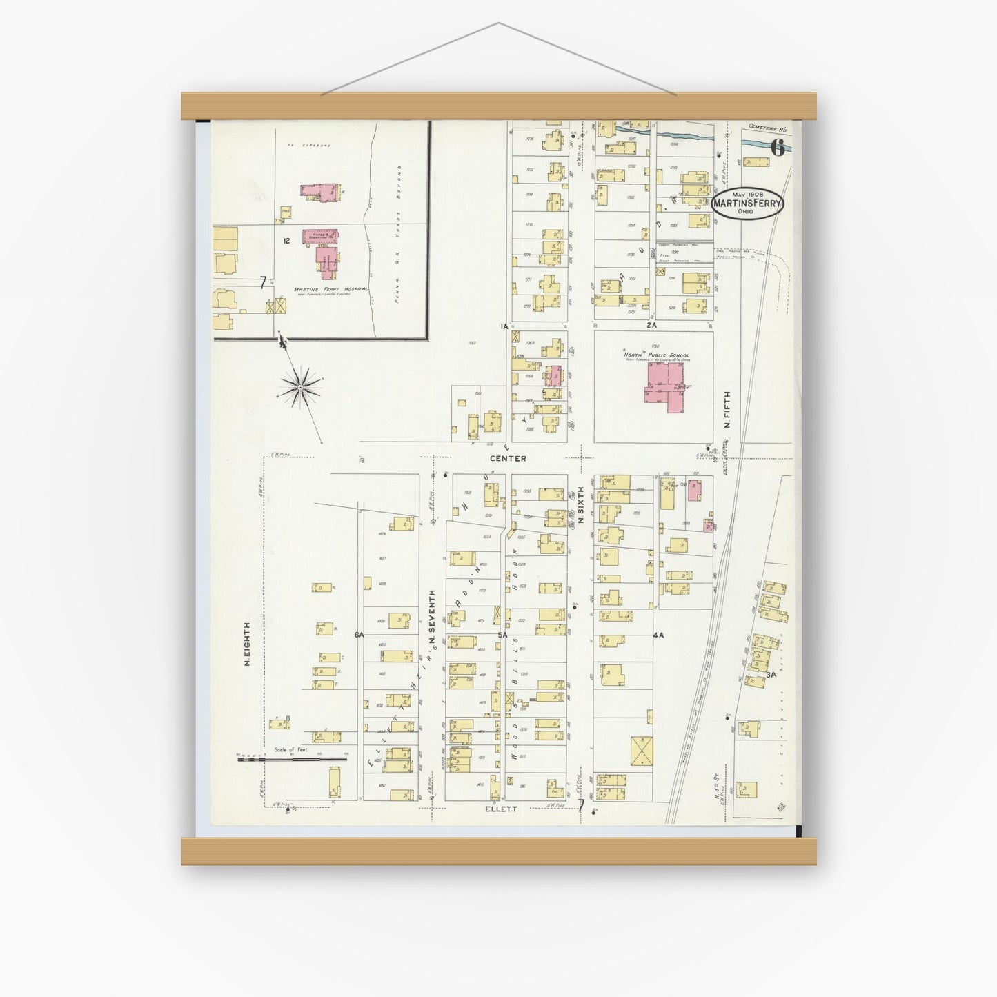 Old map wall art mockup — magnetic wood frame on white wall — Sanborn Fire Insurance Map from Martins Ferry, Belmont County, Ohio (1908), Sheet #0006