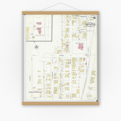 Old map wall art mockup — magnetic wood frame on white wall — Sanborn Fire Insurance Map from Martins Ferry, Belmont County, Ohio (1908), Sheet #0006