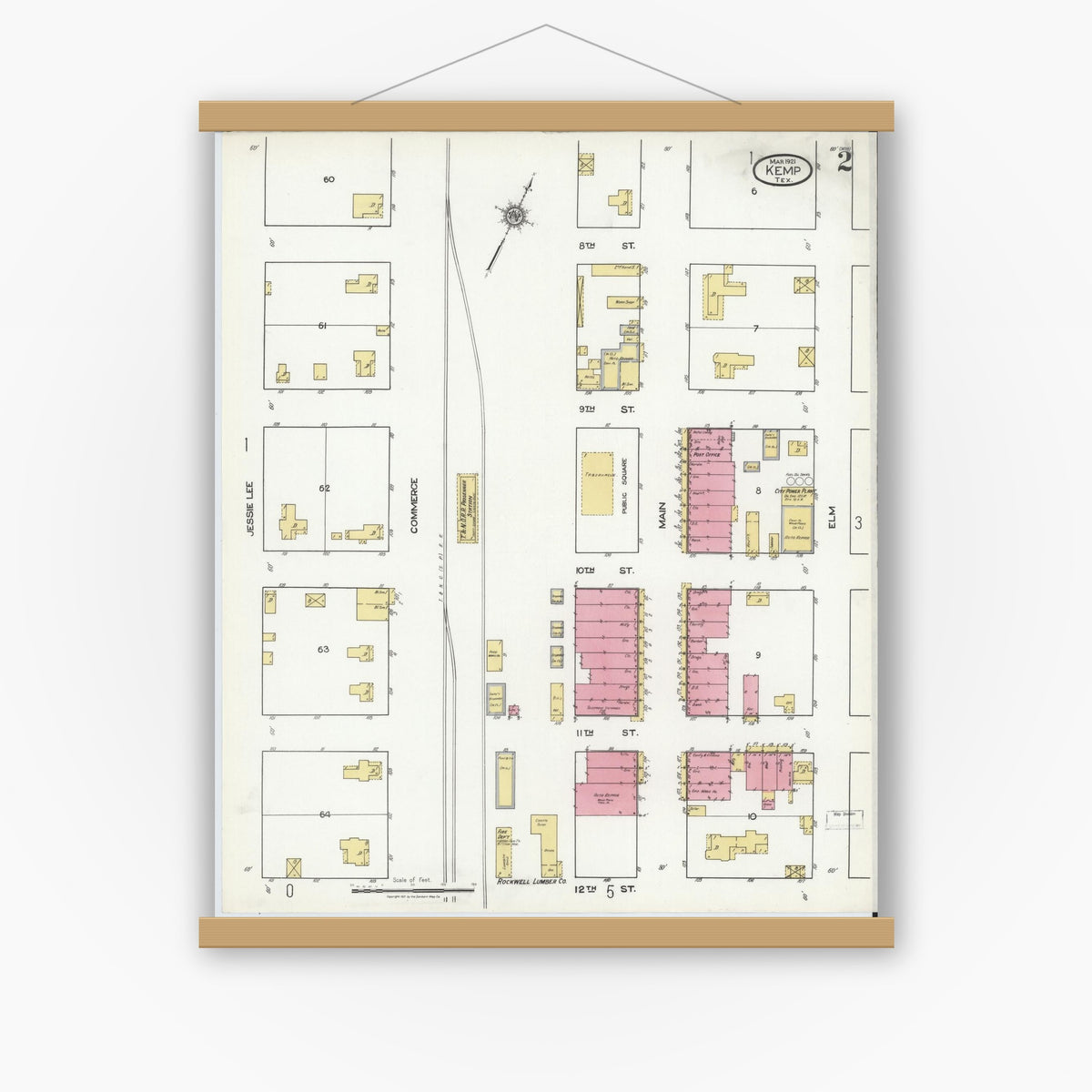 Old map wall art mockup — magnetic wood frame on white wall — Sanborn Fire Insurance Map from Kemp, Kaufman County, Texas (1921), Sheet #0002