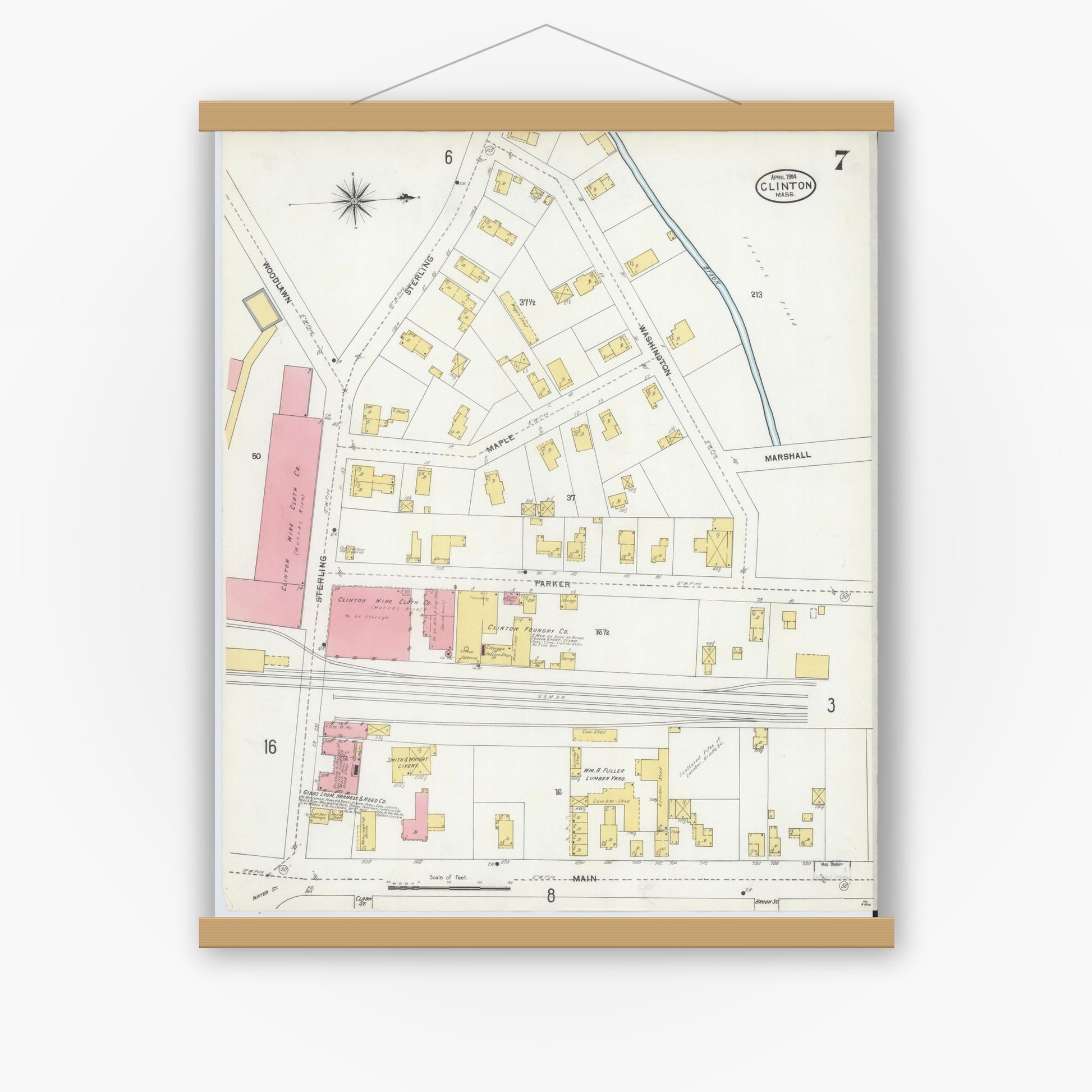 Old map wall art mockup — magnetic wood frame on white wall — Sanborn Fire Insurance Map from Clinton, Worcester County, Massachusetts (1904), Sheet #0007