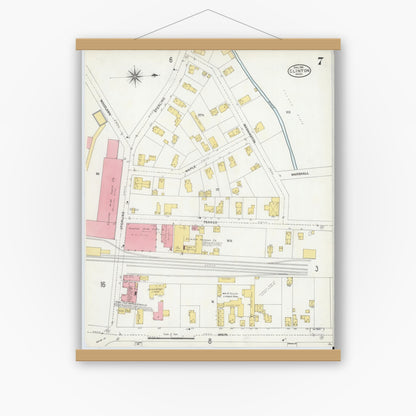 Old map wall art mockup — magnetic wood frame on white wall — Sanborn Fire Insurance Map from Clinton, Worcester County, Massachusetts (1904), Sheet #0007