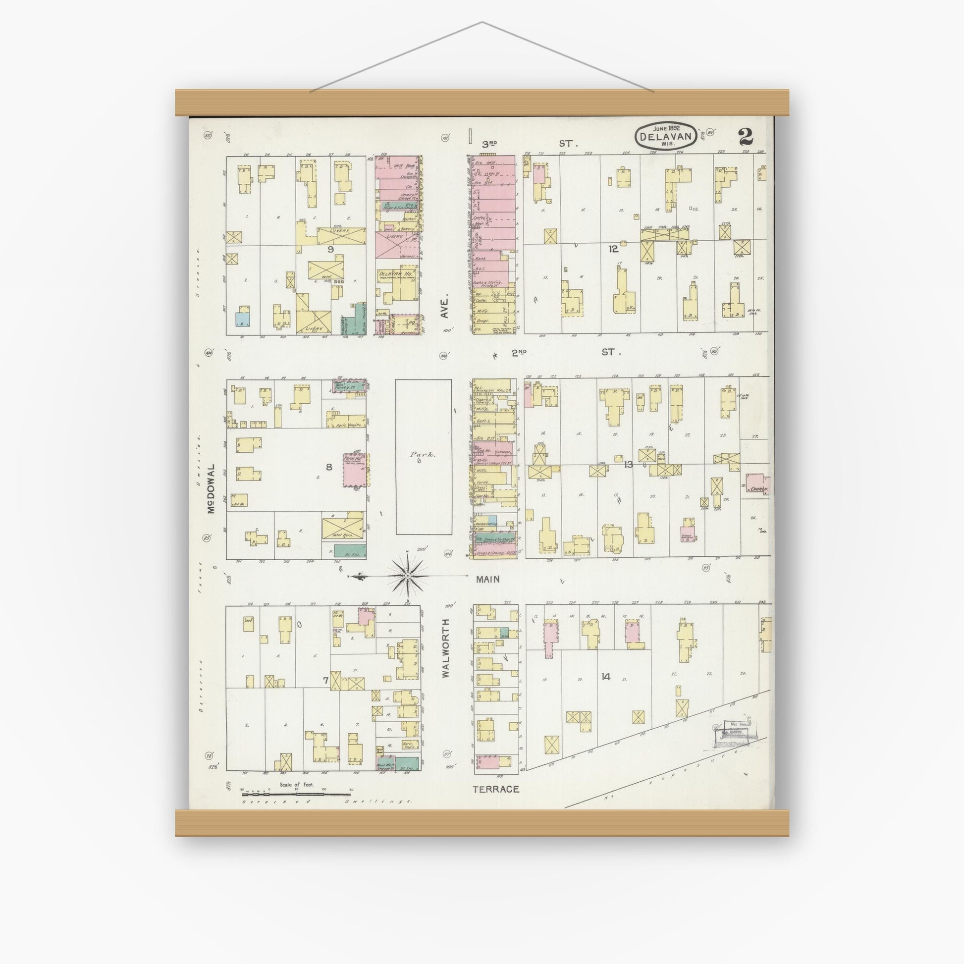 Old map wall art mockup — magnetic wood frame on white wall — Sanborn Fire Insurance Map from Delavan, Walworth County, Wisconsin (1892), Sheet #0002