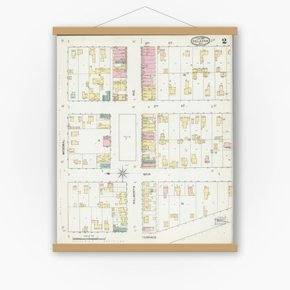 Old map wall art mockup — magnetic wood frame on white wall — Sanborn Fire Insurance Map from Delavan, Walworth County, Wisconsin (1892), Sheet #0002