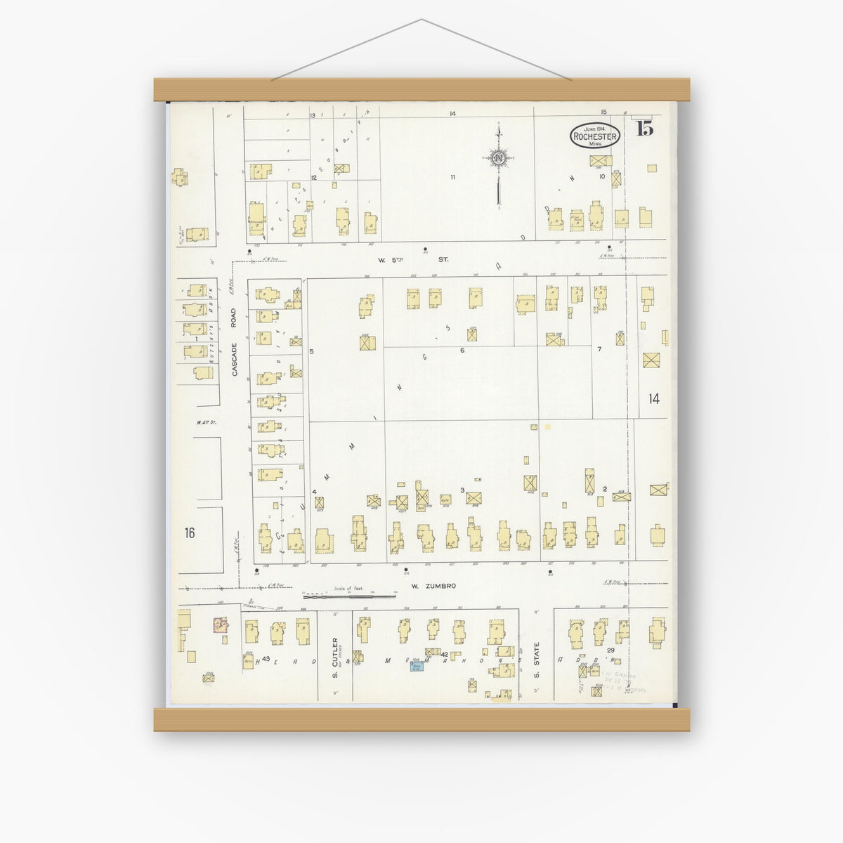 Old map wall art mockup — magnetic wood frame on white wall — Sanborn Fire Insurance Map from Rochester, Olmsted County, Minnesota (1914), Sheet #0015