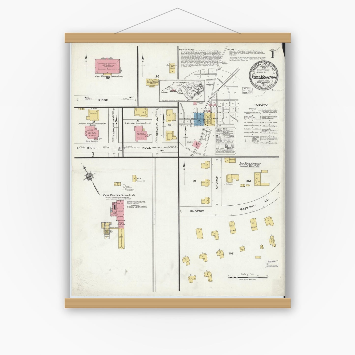 Old map wall art mockup — magnetic wood frame on white wall — Sanborn Fire Insurance Map from Kings Mountain, Cleveland County, North Carolina (1919) - Complete Map Set