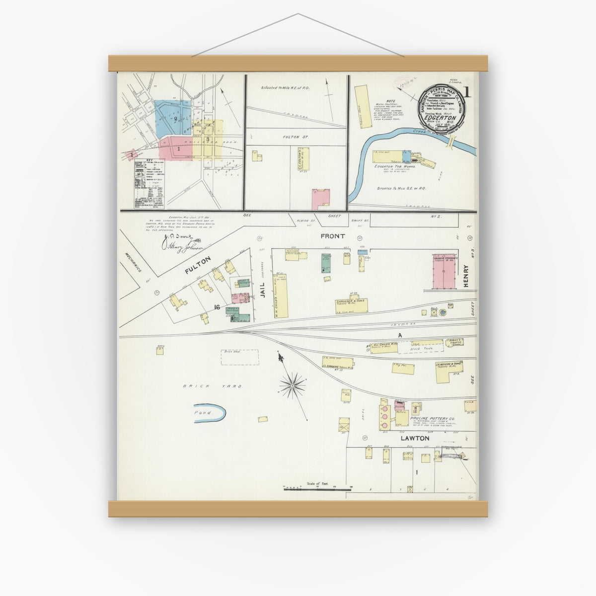 Old map wall art mockup — magnetic wood frame on white wall — Sanborn Fire Insurance Map from Edgerton, Rock County, Wisconsin (1891) - Complete Map Set