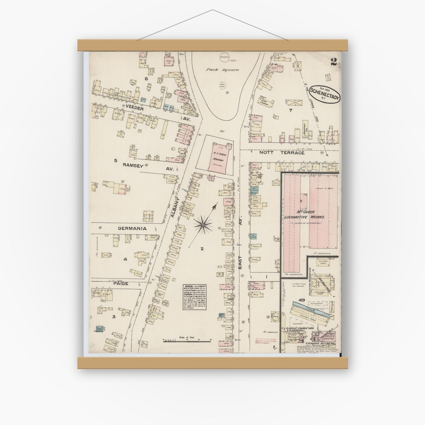 Old map wall art mockup — magnetic wood frame on white wall — Sanborn Fire Insurance Map from Schenectady, Schenectady County, New York (1884), Sheet #0002