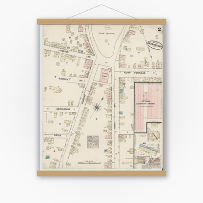 Old map wall art mockup — magnetic wood frame on white wall — Sanborn Fire Insurance Map from Schenectady, Schenectady County, New York (1884), Sheet #0002
