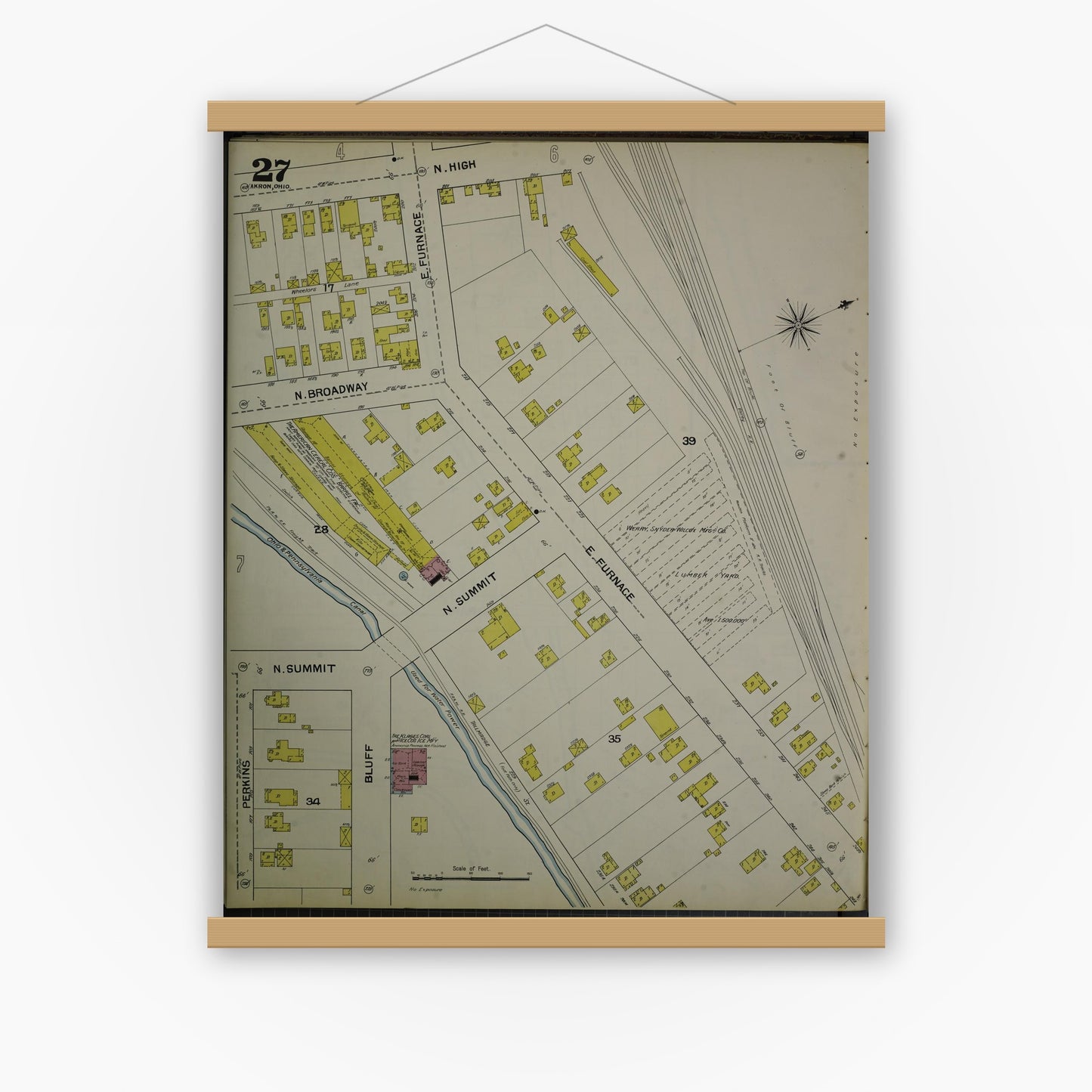 Old map wall art mockup — magnetic wood frame on white wall — Sanborn Fire Insurance Map from Akron, Summit County, Ohio (1892), Sheet #0027