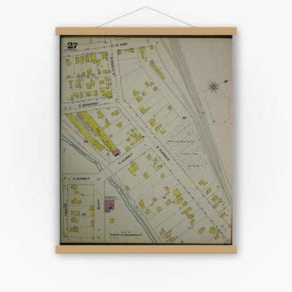 Old map wall art mockup — magnetic wood frame on white wall — Sanborn Fire Insurance Map from Akron, Summit County, Ohio (1892), Sheet #0027