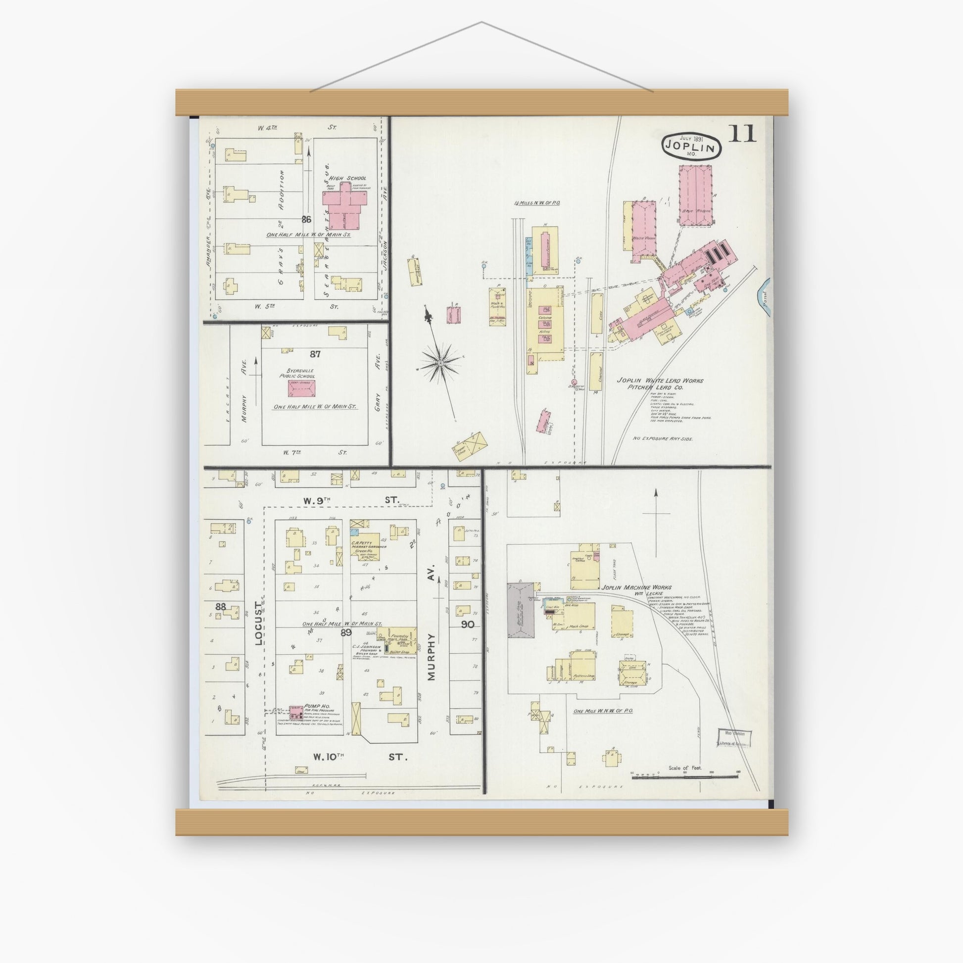 Old map wall art mockup — magnetic wood frame on white wall — Sanborn Fire Insurance Map from Joplin, Jasper County, Missouri (1891), Sheet #0011