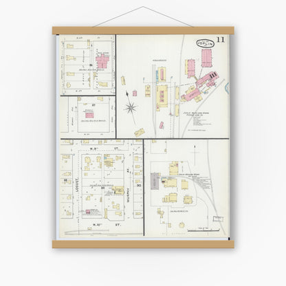 Old map wall art mockup — magnetic wood frame on white wall — Sanborn Fire Insurance Map from Joplin, Jasper County, Missouri (1891), Sheet #0011