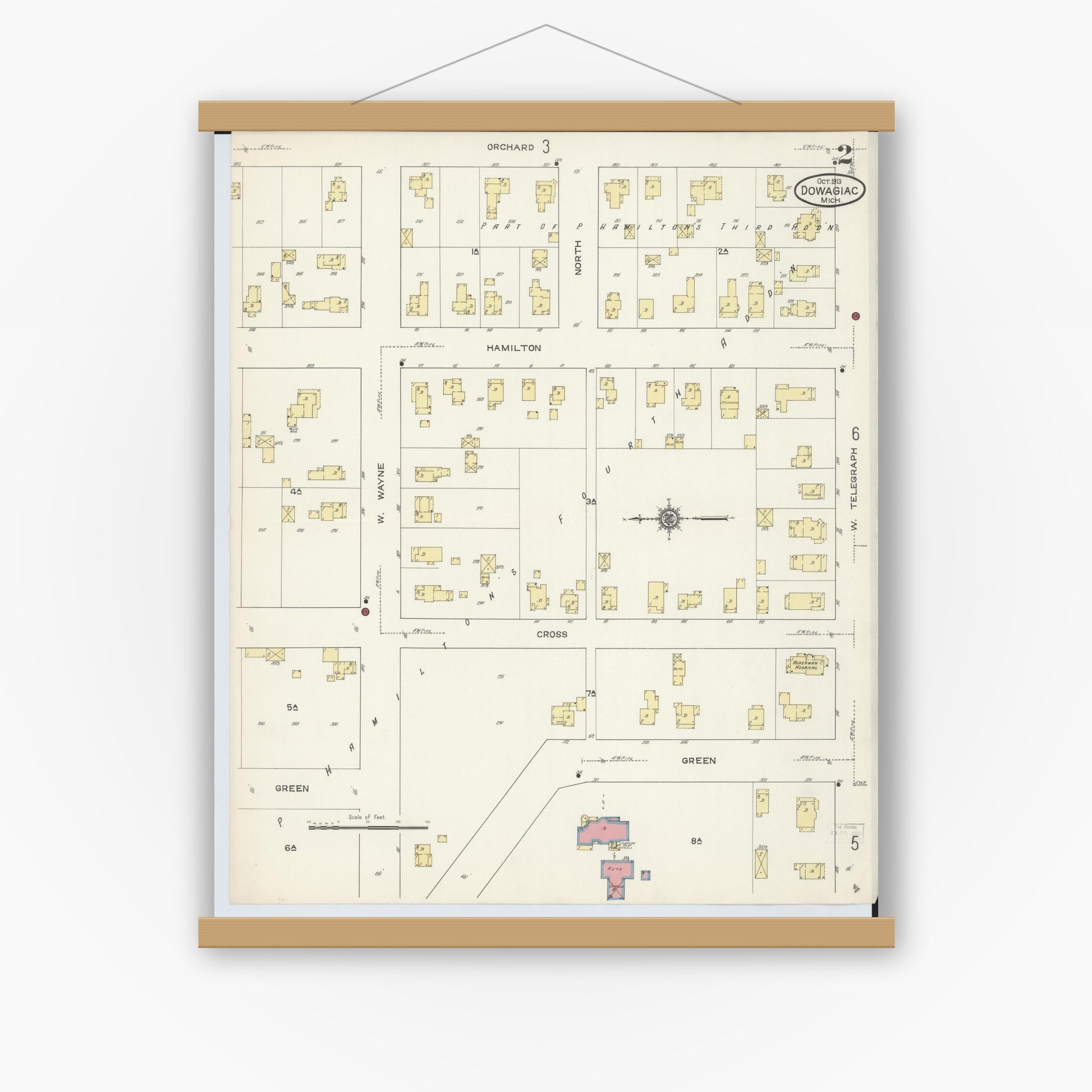 Old map wall art mockup — magnetic wood frame on white wall — Sanborn Fire Insurance Map from Dowagiac, Cass County, Michigan (1913), Sheet #0002