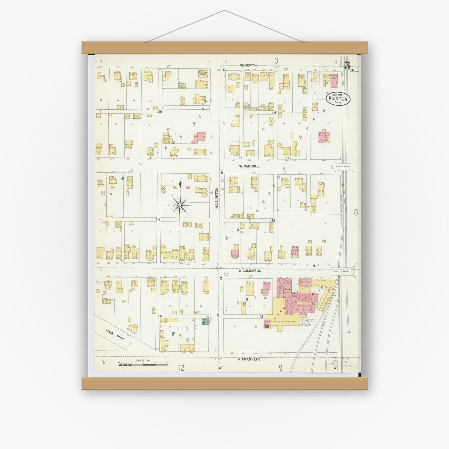 Old map wall art mockup — magnetic wood frame on white wall — Sanborn Fire Insurance Map from Kenton, Hardin County, Ohio (1902), Sheet #0005