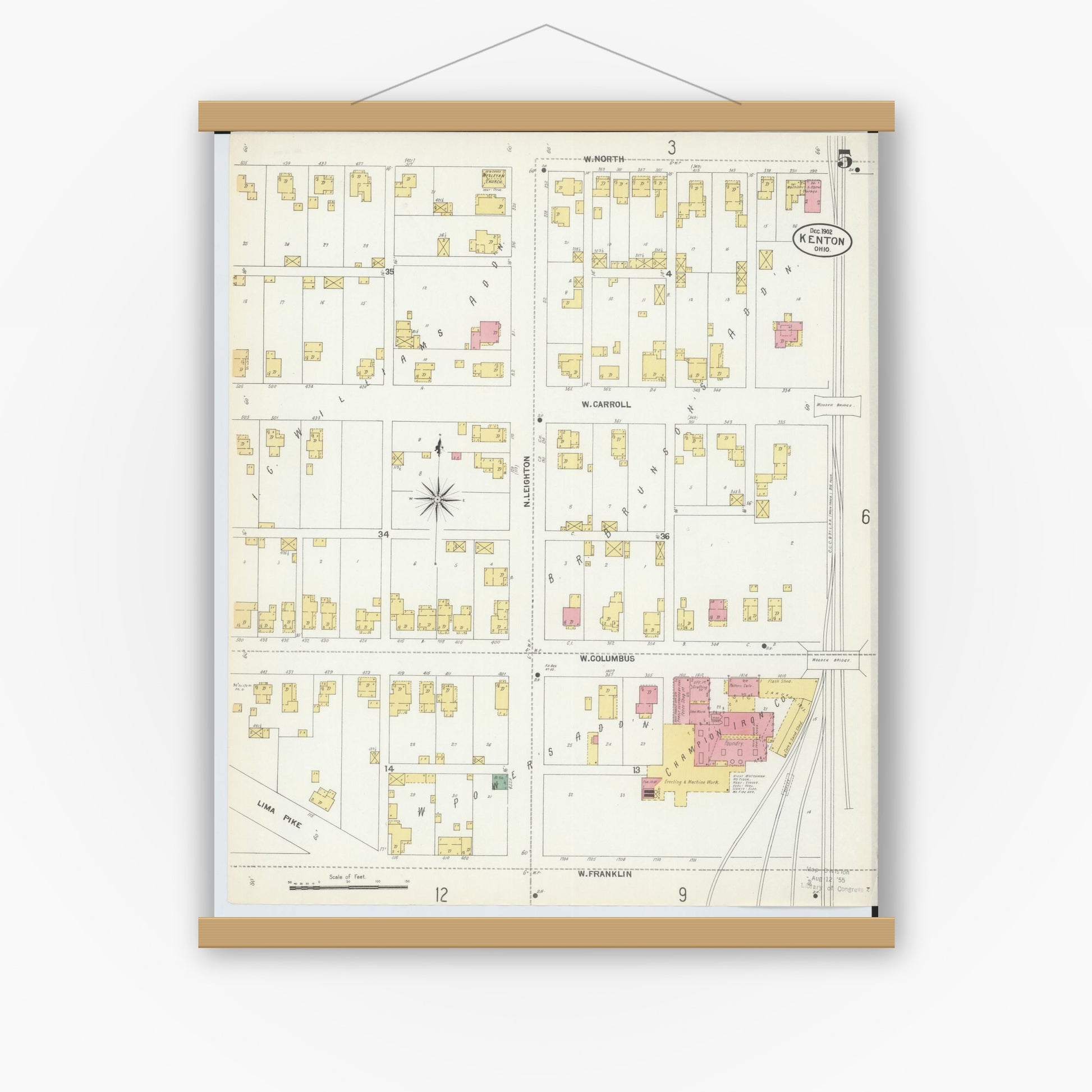 Old map wall art mockup — magnetic wood frame on white wall — Sanborn Fire Insurance Map from Kenton, Hardin County, Ohio (1902), Sheet #0005