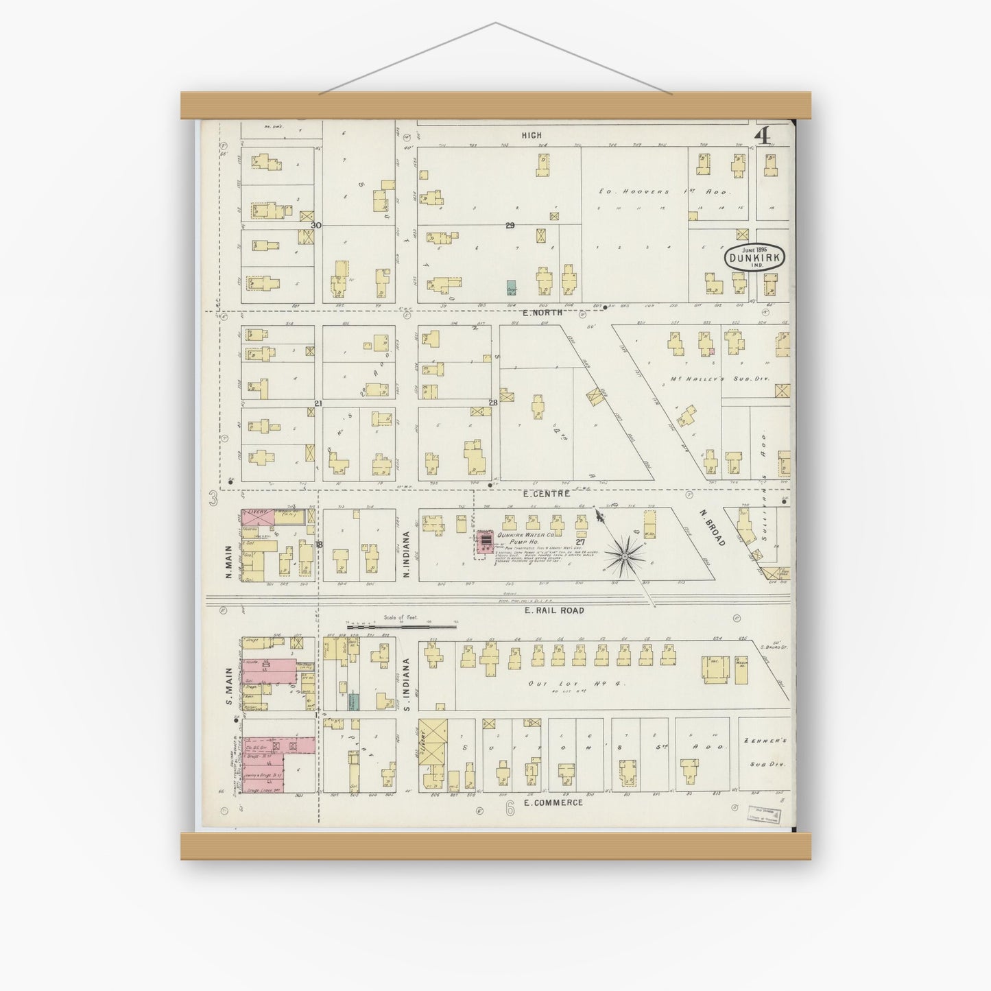 Old map wall art mockup — magnetic wood frame on white wall — Sanborn Fire Insurance Map from Dunkirk, Jay And Blackford Counties, Indiana (1895), Sheet #0004