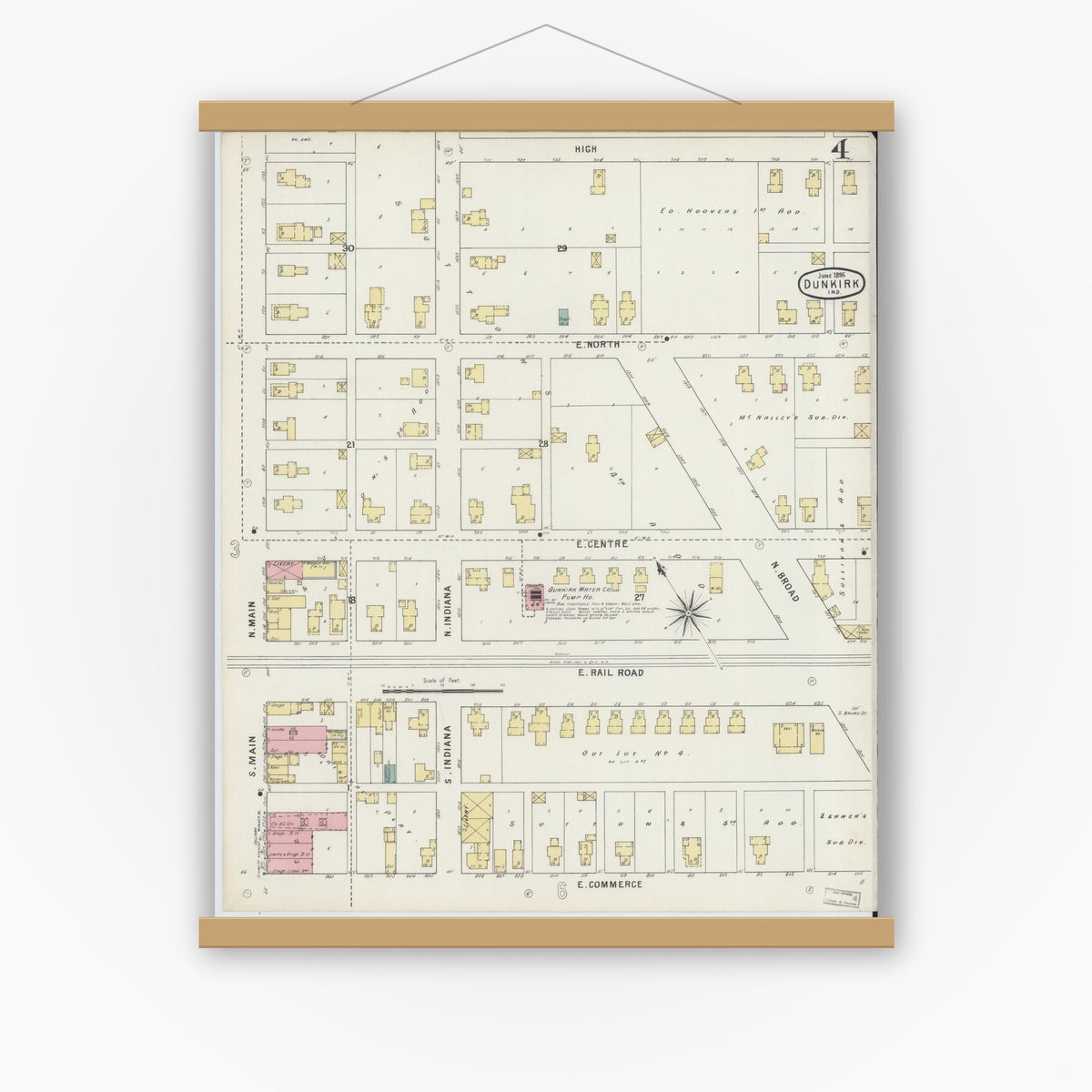 Old map wall art mockup — magnetic wood frame on white wall — Sanborn Fire Insurance Map from Dunkirk, Jay And Blackford Counties, Indiana (1895), Sheet #0004