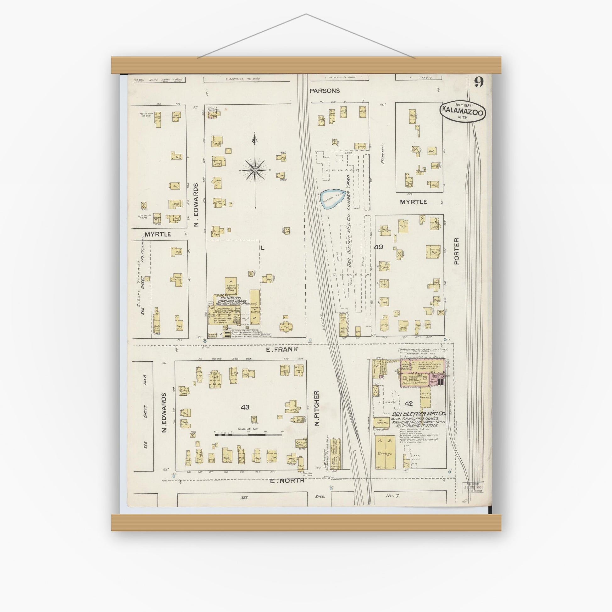 Old map wall art mockup — magnetic wood frame on white wall — Sanborn Fire Insurance Map from Kalamazoo, Kalamazoo County, Michigan (1887), Sheet #0009