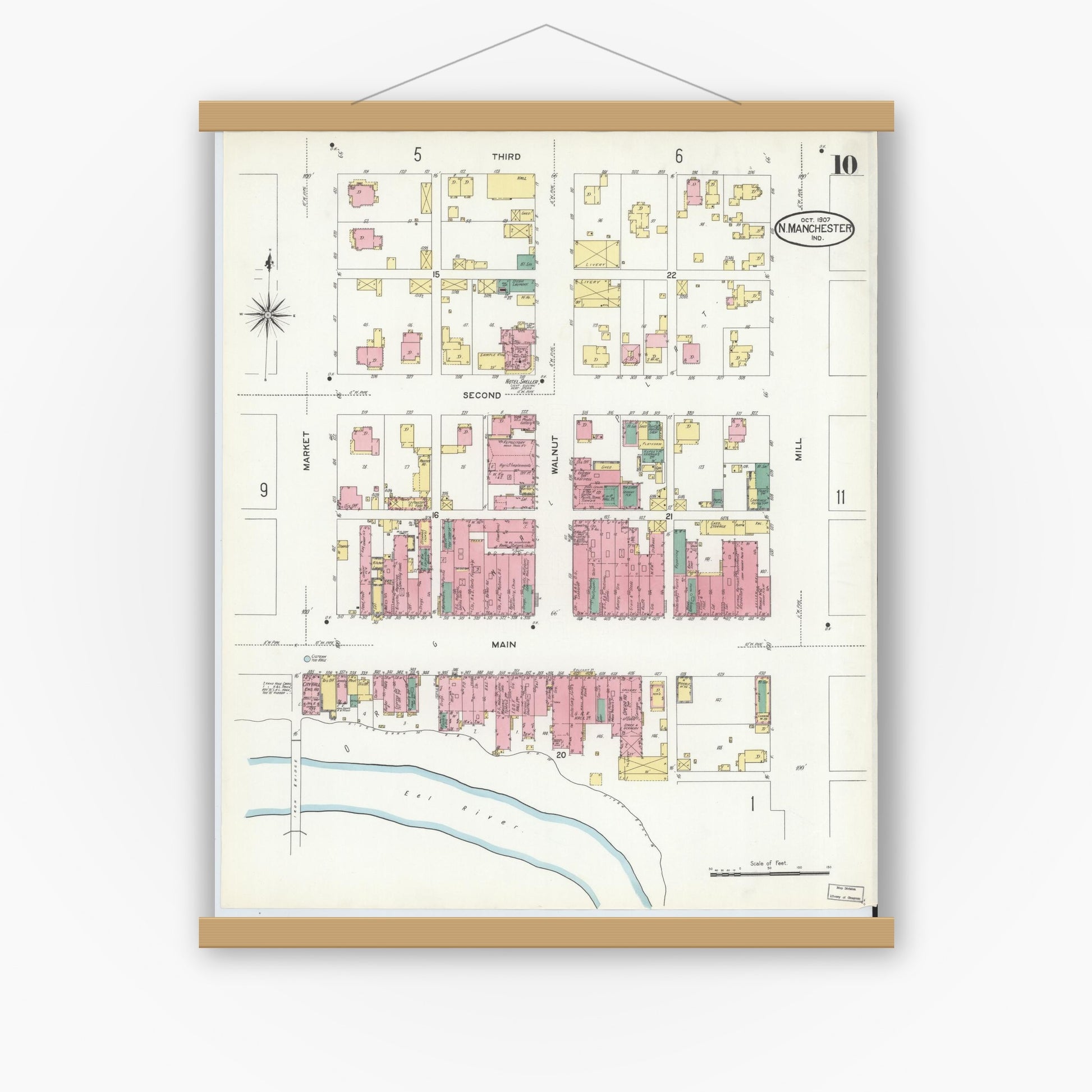 Old map wall art mockup — magnetic wood frame on white wall — Sanborn Fire Insurance Map from North Manchester, Wabash County, Indiana (1907), Sheet #0010