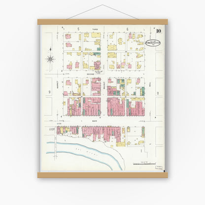 Old map wall art mockup — magnetic wood frame on white wall — Sanborn Fire Insurance Map from North Manchester, Wabash County, Indiana (1907), Sheet #0010