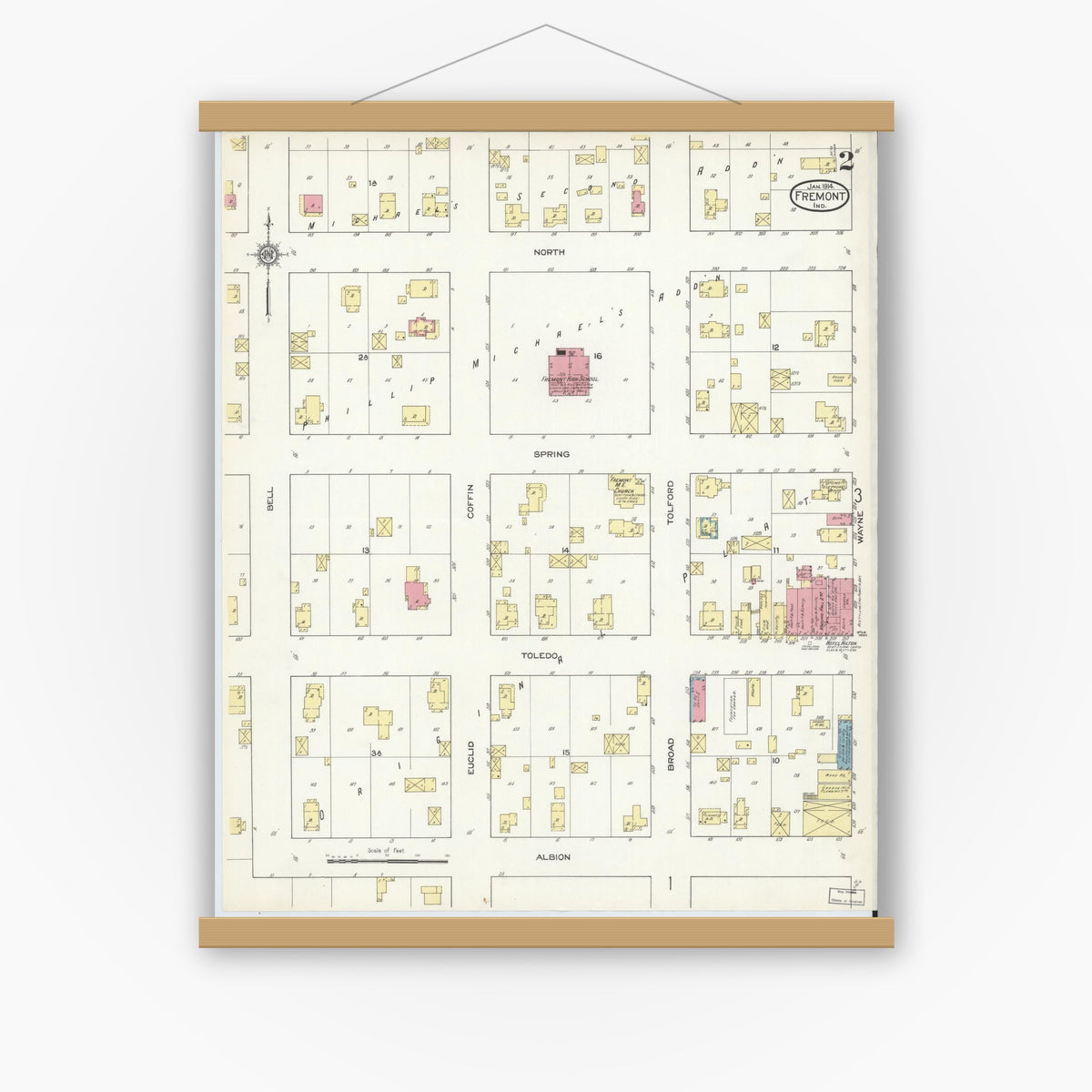 Old map wall art mockup — magnetic wood frame on white wall — Sanborn Fire Insurance Map from Fremont, Steuben County, Indiana (1914), Sheet #0002