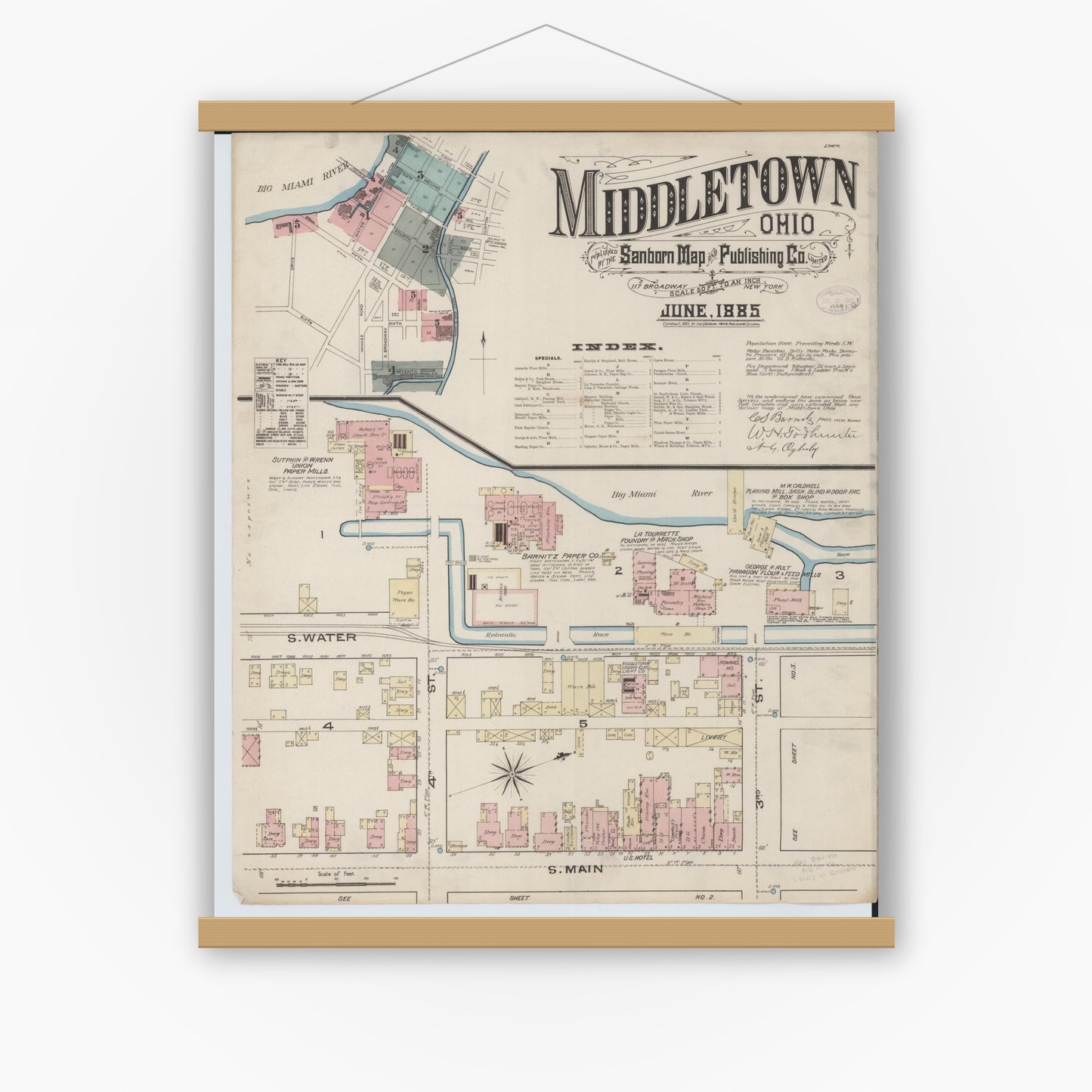 Old map wall art mockup — magnetic wood frame on white wall — Sanborn Fire Insurance Map from Middletown, Butler County, Ohio (1885) - Complete Map Set