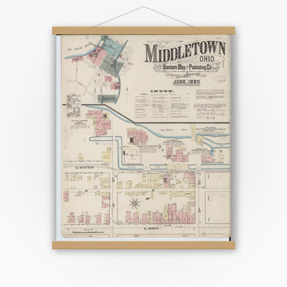 Old map wall art mockup — magnetic wood frame on white wall — Sanborn Fire Insurance Map from Middletown, Butler County, Ohio (1885) - Complete Map Set