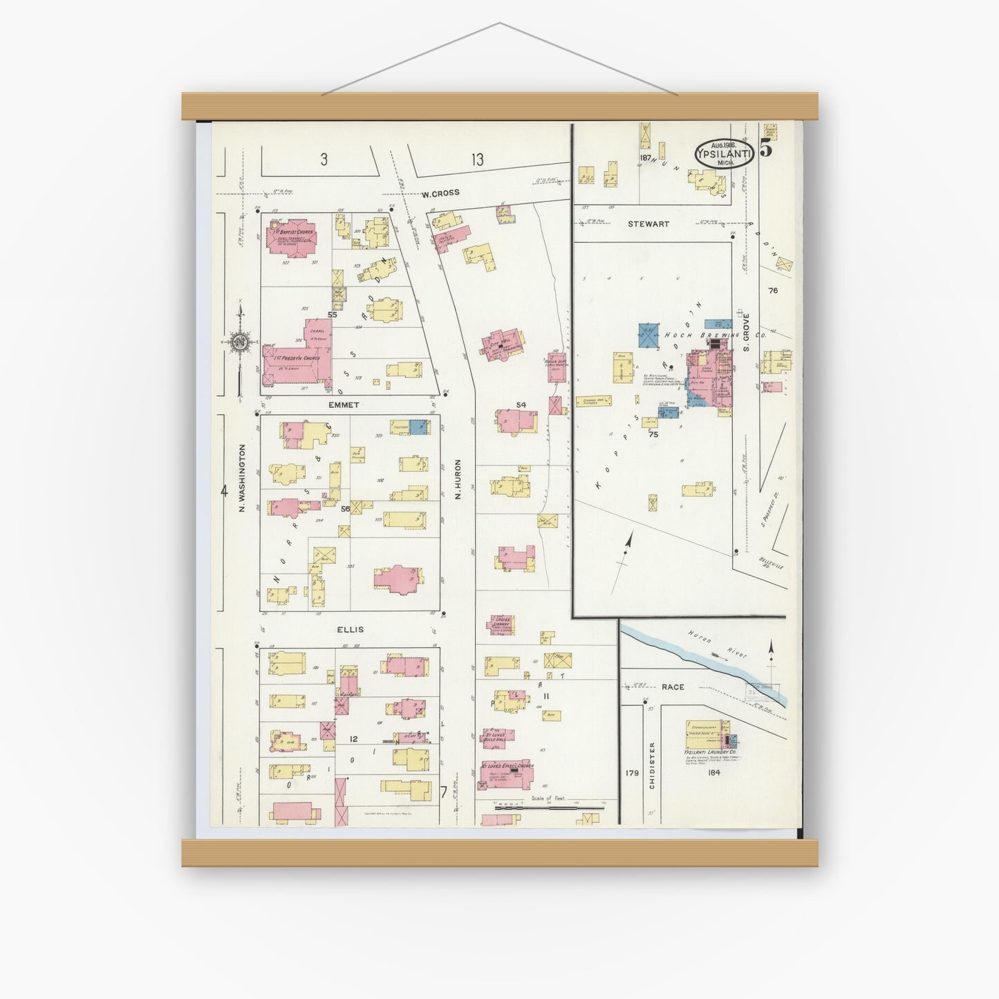 Old map wall art mockup — magnetic wood frame on white wall — Sanborn Fire Insurance Map from Ypsilanti, Washtenaw County, Michigan (1916), Sheet #0005