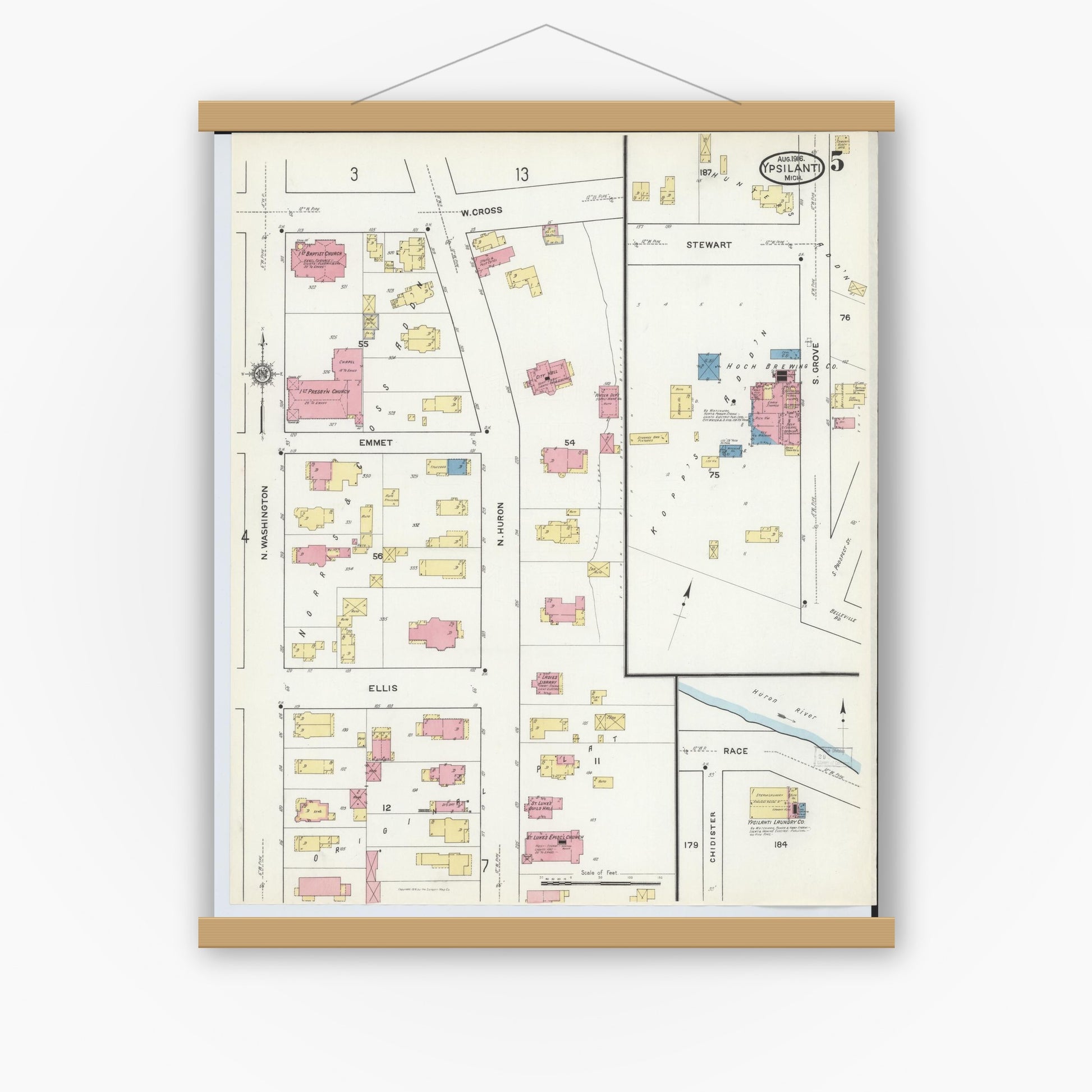 Old map wall art mockup — magnetic wood frame on white wall — Sanborn Fire Insurance Map from Ypsilanti, Washtenaw County, Michigan (1916), Sheet #0005