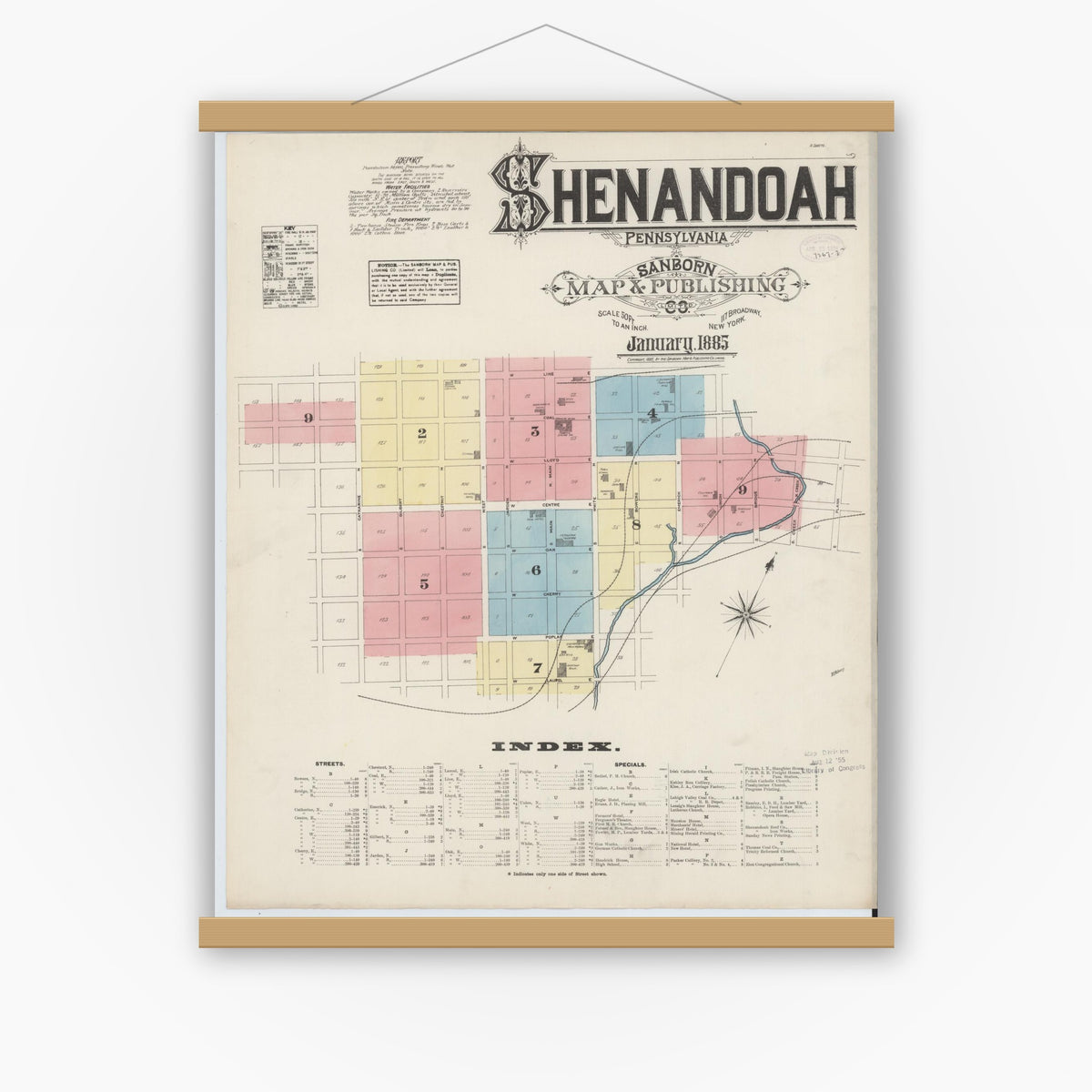Old map wall art mockup — magnetic wood frame on white wall — Sanborn Fire Insurance Map from Shenandoah, Schuylkill County, Pennsylvania (1885), Sheet #0001