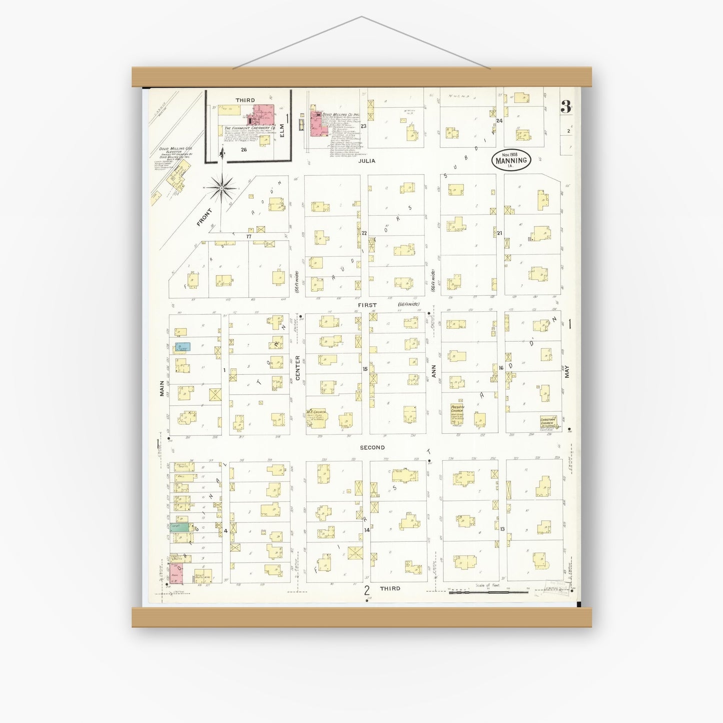 Old map wall art mockup — magnetic wood frame on white wall — Sanborn Fire Insurance Map from Manning, Carroll County, Iowa (1908), Sheet #0003