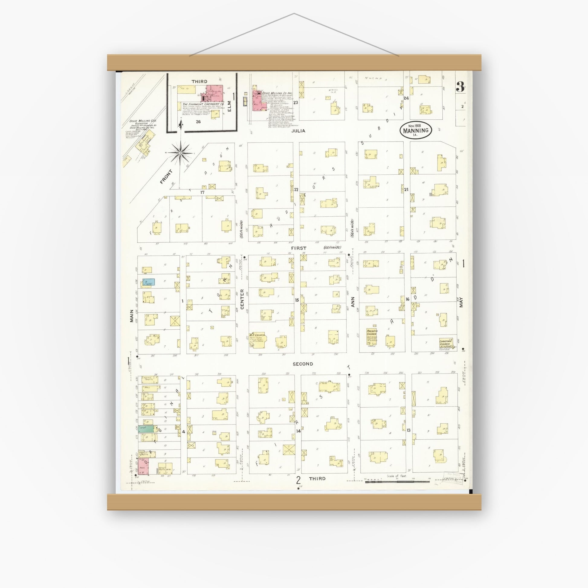 Old map wall art mockup — magnetic wood frame on white wall — Sanborn Fire Insurance Map from Manning, Carroll County, Iowa (1908), Sheet #0003