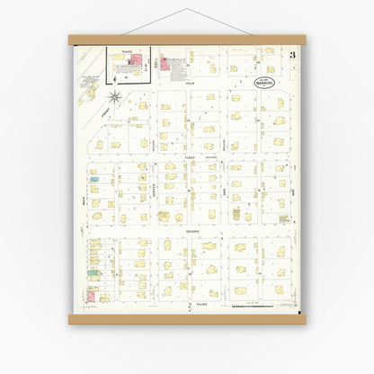 Old map wall art mockup — magnetic wood frame on white wall — Sanborn Fire Insurance Map from Manning, Carroll County, Iowa (1908), Sheet #0003