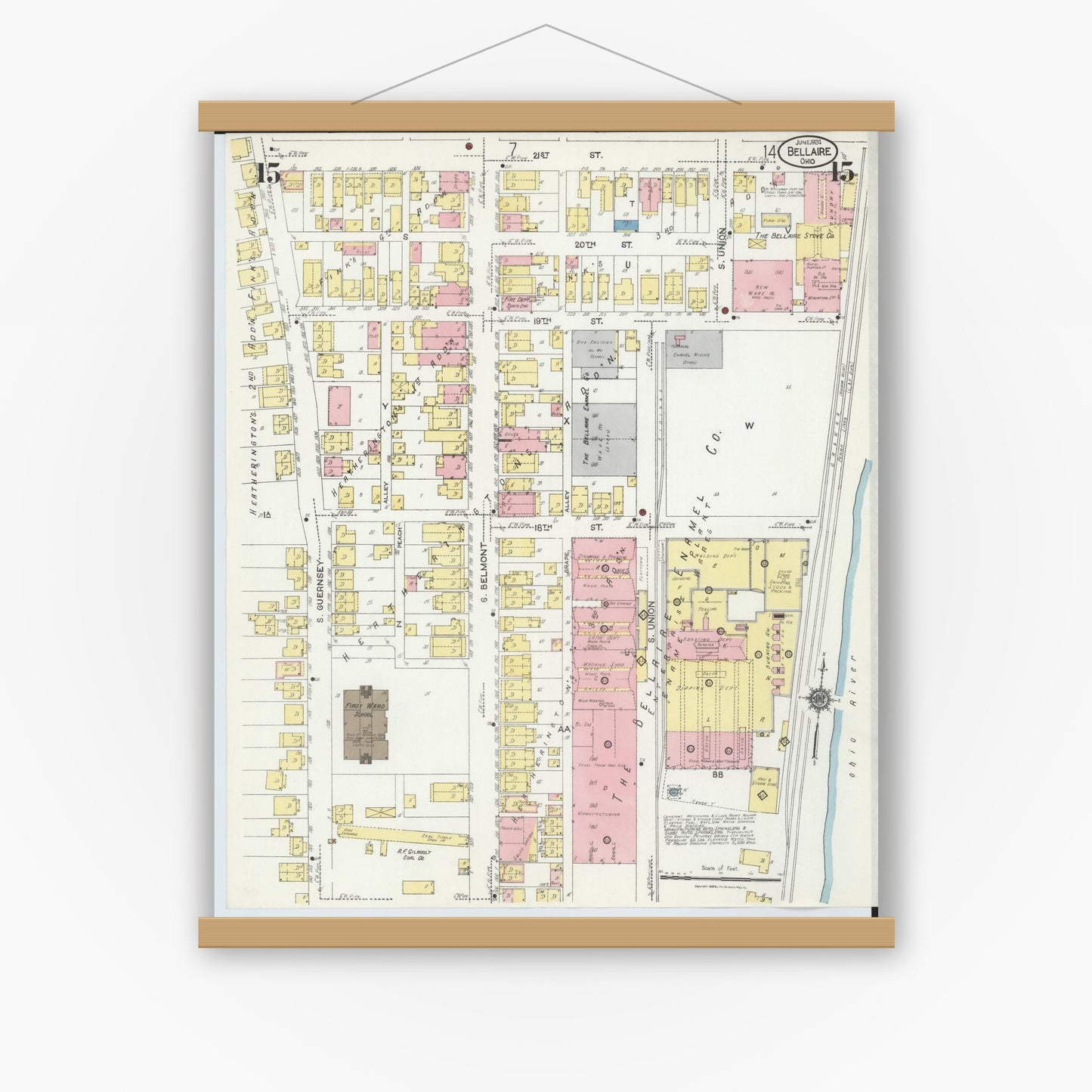 Old map wall art mockup — magnetic wood frame on white wall — Sanborn Fire Insurance Map from Bellaire, Belmont County, Ohio (1924), Sheet #0015