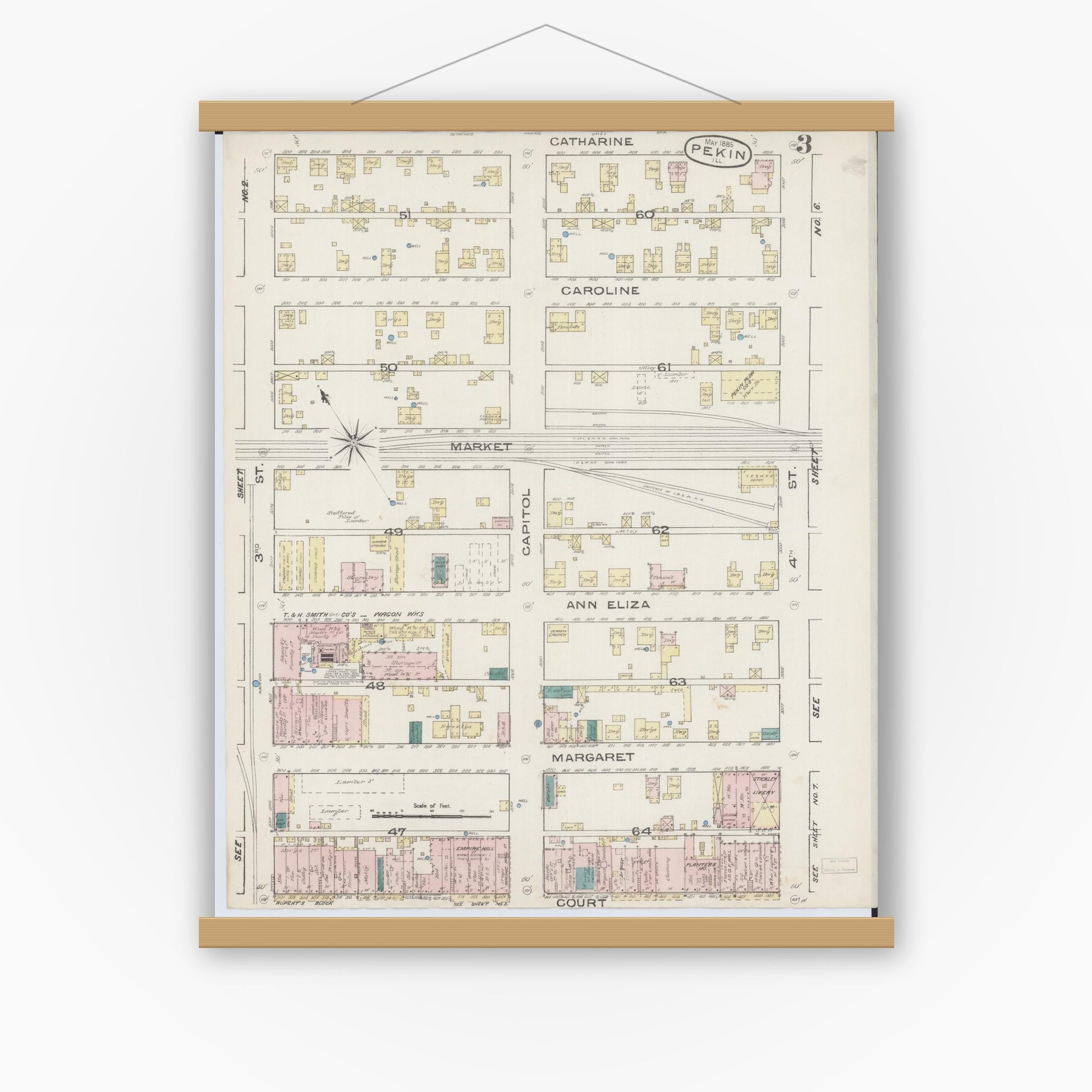 Old map wall art mockup — magnetic wood frame on white wall — Sanborn Fire Insurance Map from Pekin, Tazewell County, Illinois (1885), Sheet #0003