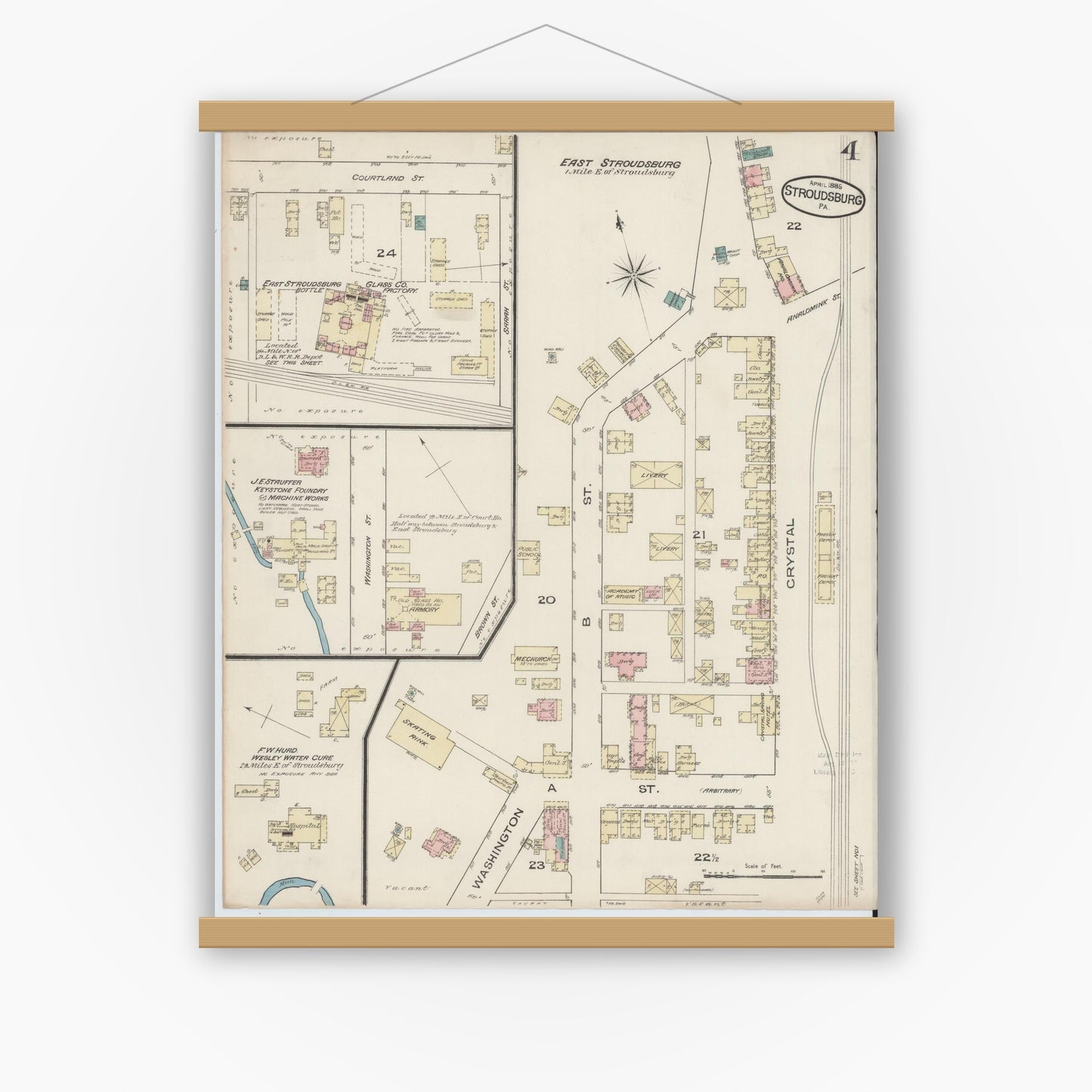 Old map wall art mockup — magnetic wood frame on white wall — Sanborn Fire Insurance Map from Stroudsburg, Monroe County, Pennsylvania (1885), Sheet #0004