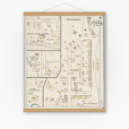Old map wall art mockup — magnetic wood frame on white wall — Sanborn Fire Insurance Map from Stroudsburg, Monroe County, Pennsylvania (1885), Sheet #0004