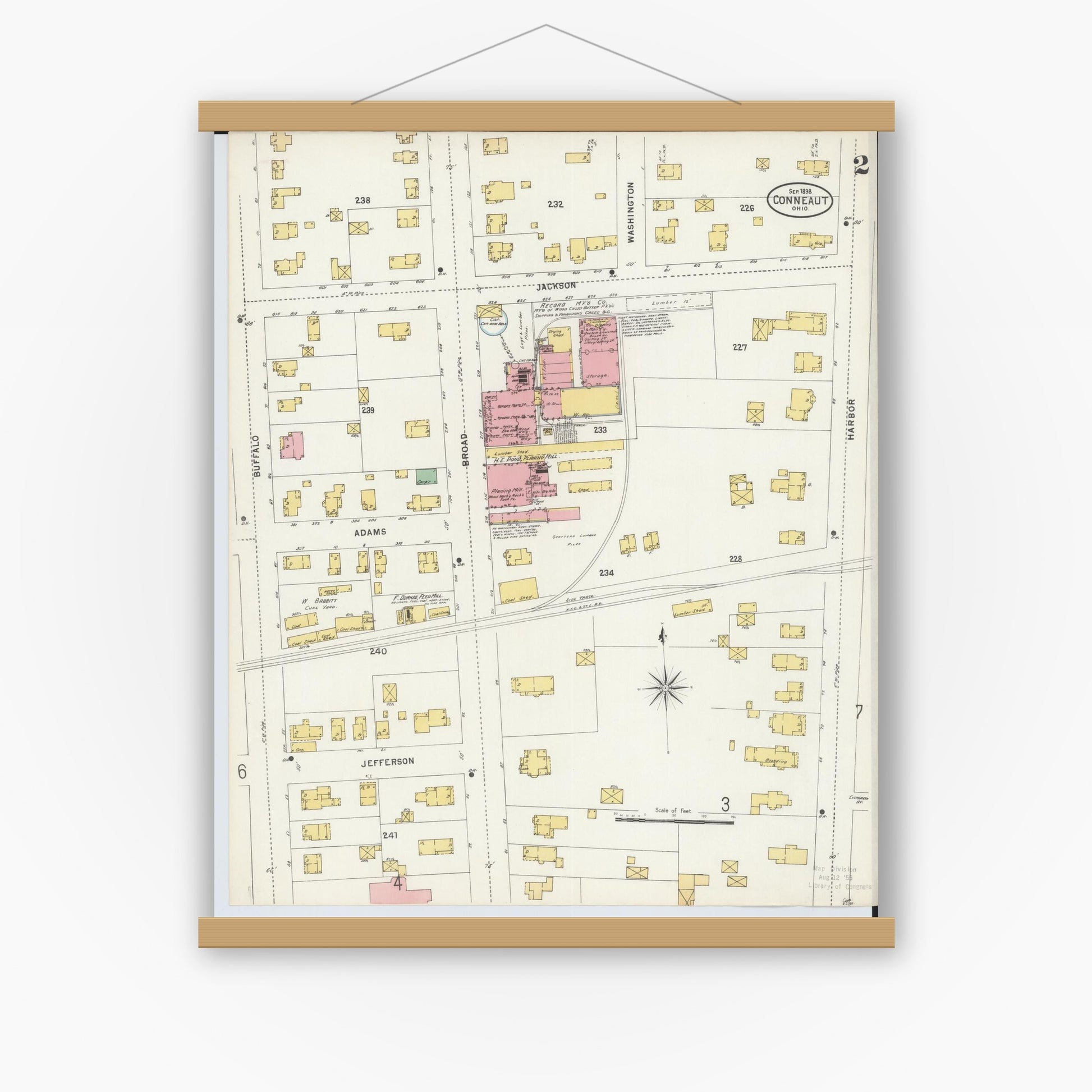 Old map wall art mockup — magnetic wood frame on white wall — Sanborn Fire Insurance Map from Conneaut, Ashtabula County, Ohio (1898), Sheet #0002