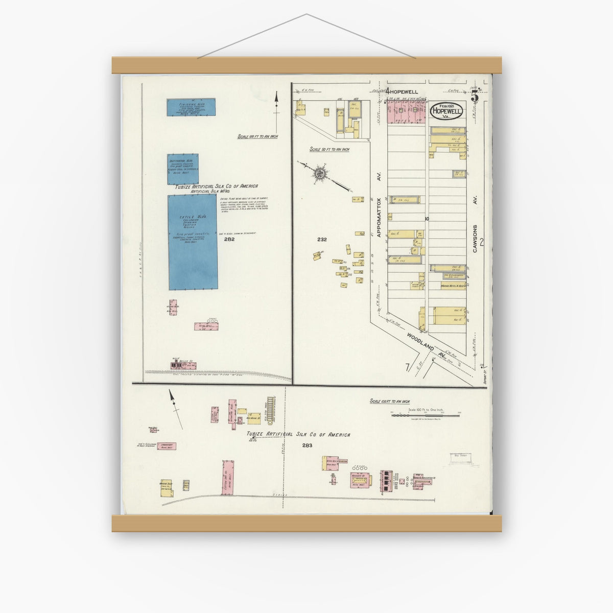 Old map wall art mockup — magnetic wood frame on white wall — Sanborn Fire Insurance Map from Hopewell, Independent Cities, Virginia (1921), Sheet #0005