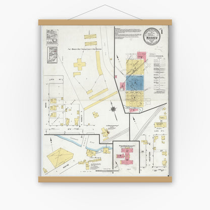 Old map wall art mockup — magnetic wood frame on white wall — Sanborn Fire Insurance Map from Warren, Huntington County, Indiana (1919) - Complete Map Set